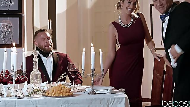 Seductive wife in red dress fucked on the pool table after the dinner