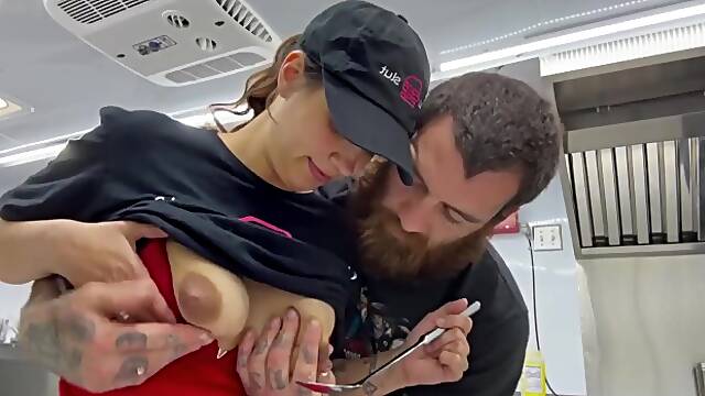 Food truck lady with milk filled boobs has special menu