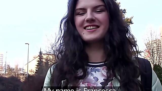 Francesca Dicaprio gets her tight pussy drilled hard in public & swallows a hot load