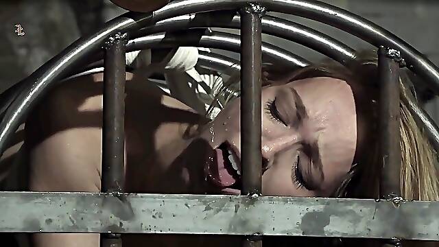 Blonde maid takes a hard tongue licking while pissing in her cage