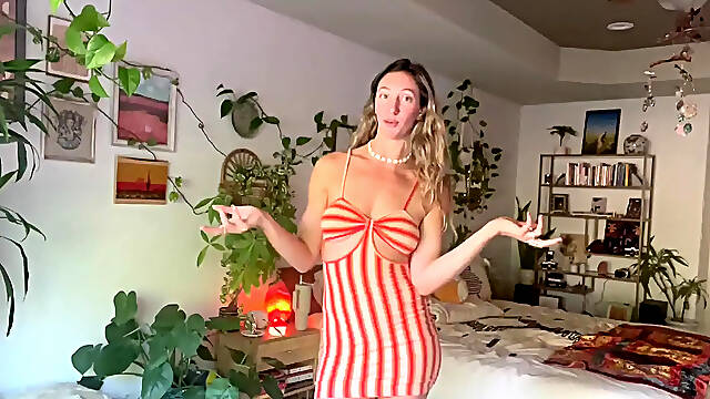 Tall blonde in short summer dress teases while trying on sundresses