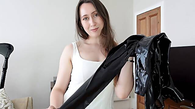 My Favourite latex - trying on a catsuit, harness, gloves and harness.