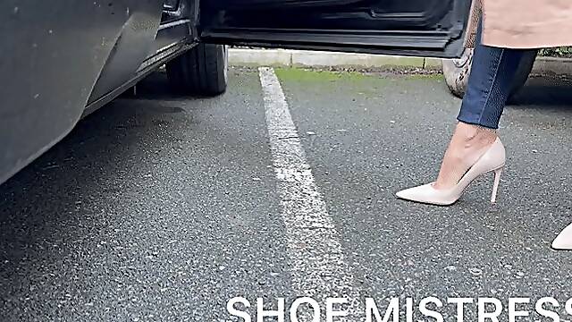 The Driving Goddess - Pedal Pumping - Stuart Weitzman Nude Patent Luxury Stilettos