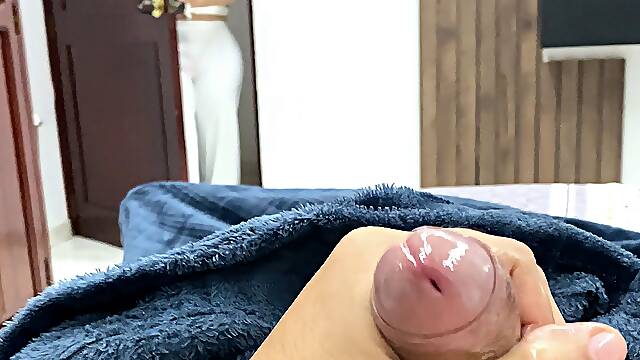 Stepmother Catches Stepson Masturbating and Helps Him Cum